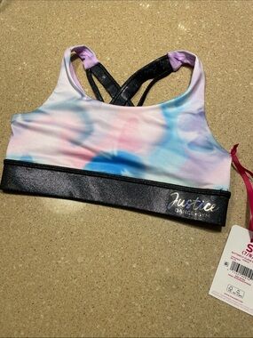 Justice Pastel Tie-Dye Sports Bra/Dance Tank with Black Shimmer Band